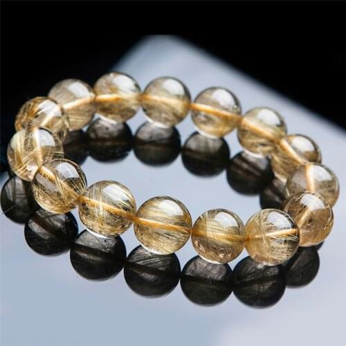 Genuine Golden Yellow Natural Rutilated Quartz Bracelet 16mm Big Stretch Round Crystal Bead Bracelet Drop Shipping