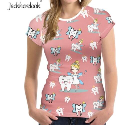 Jackherelook Cartoon Dentist Tshirts for Womens Funny Tooth/Dental Fairy Print Summer Tops Tee Short Sleeve O-neck T Shirt