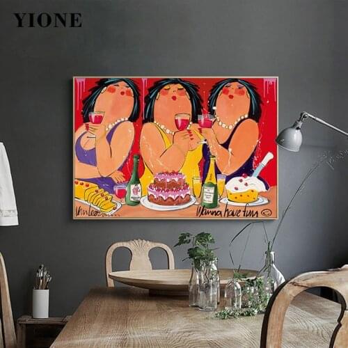 Wanna Have Fun Party Canvas Art Poster Cute Woman Fat Girl Cake and Wine Wall Painting Print Picture Decoration for Living Room