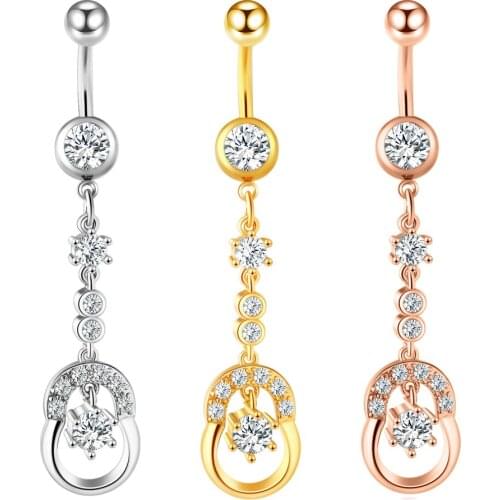 JUNLOWPY Beach Sexy Gold Filled Clear Crystal Zircon Dangle long Belly Button Rings For Female Dance Piercing Body Jewelry