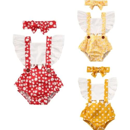 0-24M NEW Summer Infant Baby Girls Fly Sleeve Romper Sweet Flower Dot Printing Splicing Bodysuit + Bow Headwear Clothes Set