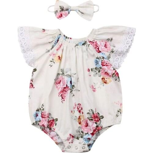 Pudcoco Newborn Baby Rompers Girls 0-24M Outfits Floral Printed Short Butterfly Sleeve Lace Decorated Bosysuit Headband