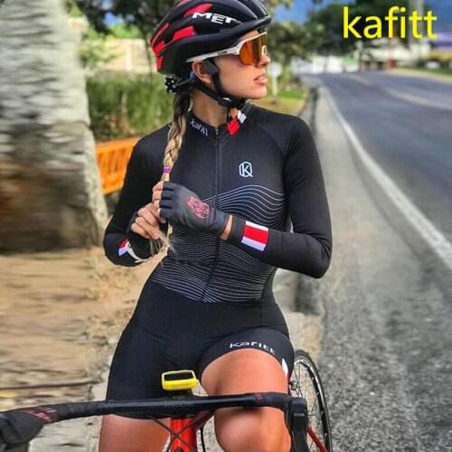 Kafitt Team Triathlon Set Womens Cycling Jersey One Piece Jumpsuit Long Sleeve Macaquinho Ciclismo Feminino Set Gel Pad