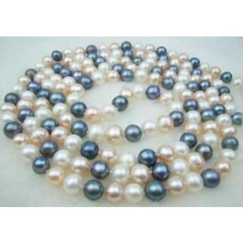 Beautiful 9-10mm round multicolor black white pink pearl necklace 50inch