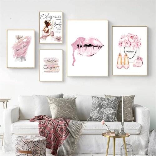 Beauty Sexy Woman Prints Flower Perfume Bottle Canvas Poster Pink Lips Wall Art Print Fashion Painting Pictures Salon Home Decor