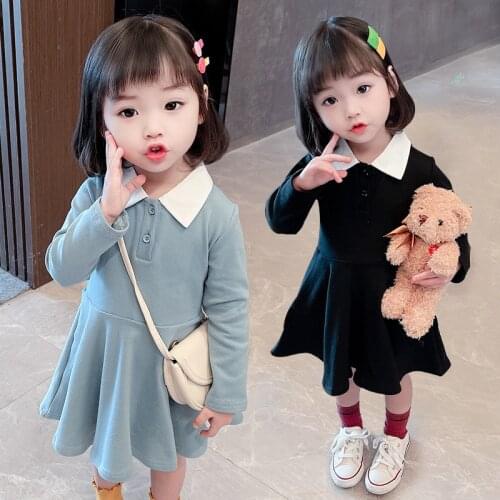 Spring and Autumn Girls' Pure Cotton College Wind Lapel Long Sleeve Dress, Baby Girl, Middle and Small Childrens Cute Dress