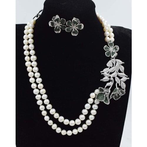 One set 2rows freshwater pearl white near round 8-9mm necklace earrings 18-19inch wholesale FPPJ green zircon flower