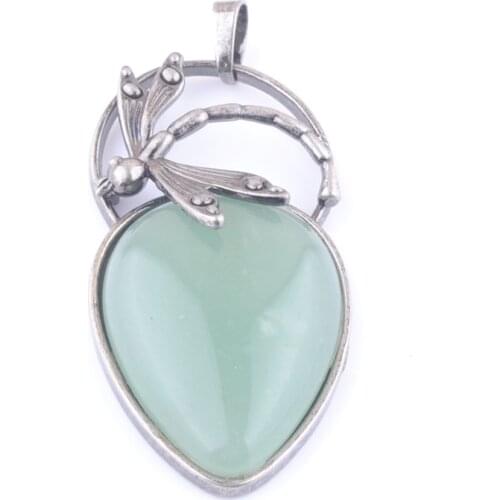 Wholesale 5Pcs/Lot Retro Natural Stone Aventurine Water Drop Pendant Dragonfly Bronze Ancient Silvers Jewelry QN4036