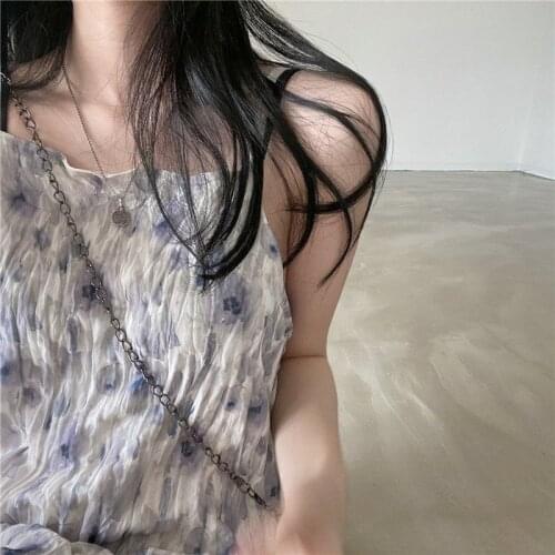 Dresses Women New Summer Ink Floral Pleated Sleeveless Straight Vintage Temperament Ankle-length Cozy All-match Korean Stylish