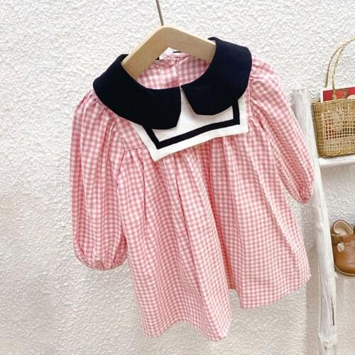 Hollead Dresses Girls Doll Collar Japanese Plaid Loose Dresses Leisure Lovely Baby Girls Korean Elegant Length Sleeve Dress