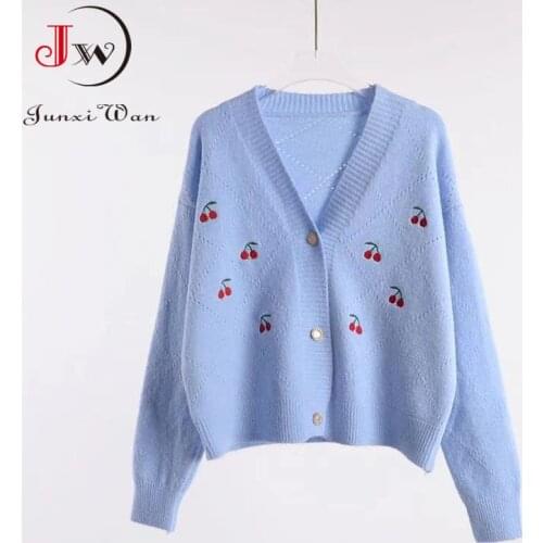 Casual Knitted Sweater Women Spring Autumn Cherry Embroidered Short Cardigan Chic Loose V Neck Sweet Knitted Tops