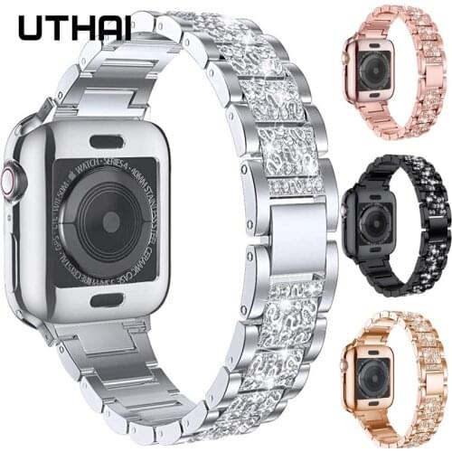 UTHAI P50 Stainless Steel strap for Apple Watch band 44 mm 40mm Diamond Strap For iwatch6 5 SE 4 Bracelet for Apple series 321