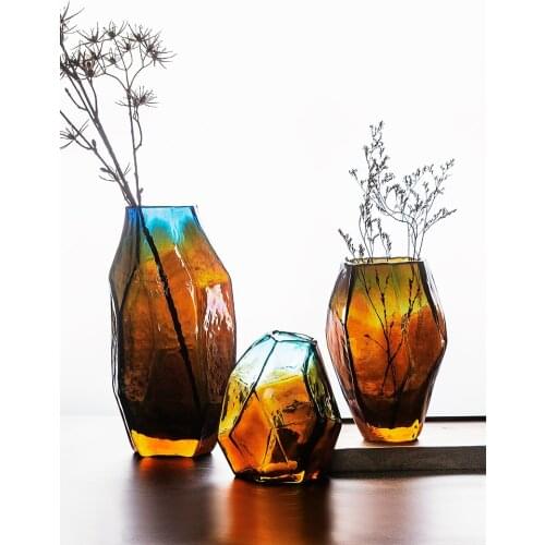 Retro Geometric Glass Vase European Creative Simple Flower Table Decoration Ornaments Handmade Blow Vase Gift
