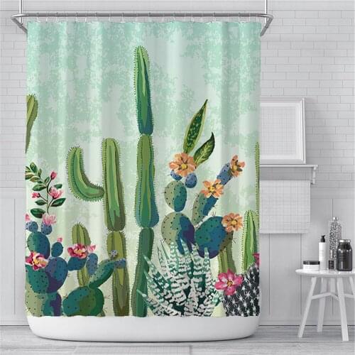 Cartoon Hand Painted Cactus Pattern Shower Curtains Tropical Green Plant Children Bathroom Decor Screens Kids Bath Curtain