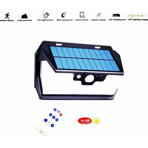 55 LED 900lm Solar Light remote control radar smart leD lamp usb port for garge garden patio decor landscape street wall l