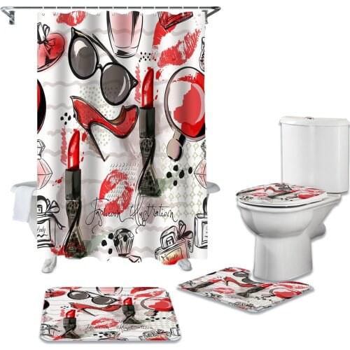 Bathroom Shower Curtain and Rug Sets High Heel Glasses Cosmetics Toilet Lid Cover Bath Mat Waterproof Shower Curtains Set