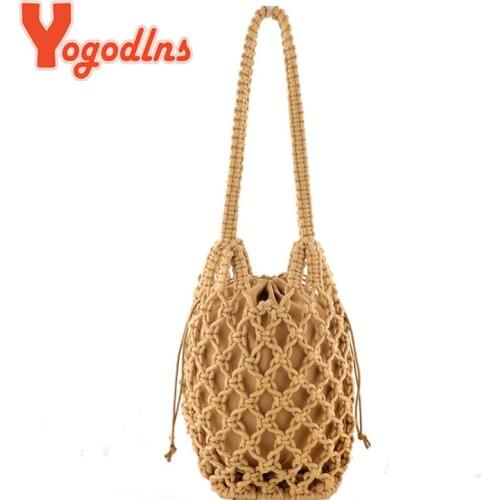 Yogodlns Summer Hollow Shoulder Bag Women Mesh Handbag Cotton Woven Armpit Bag Travel Seaside Beach Bag Small Bucket Clutch Bols