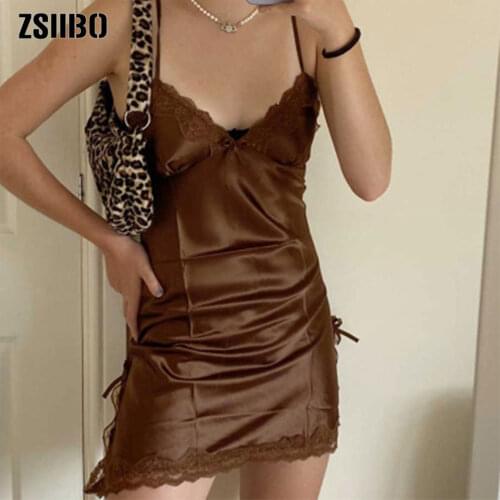 Y2K Aesthetic Satin Dresses Women Brown Vintage Lace Up 90s E Girl Clothes Lace Trim Sleeveless V Neck Sexy Mini Dress