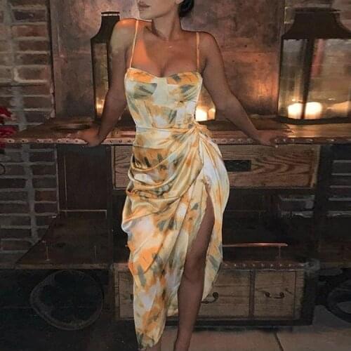 Echoine Floral Print Strap Slit Midi Dress Women Sexy Bodycon Pleated Bodycon Skinny Summer Elegant Dresses Party Night Club