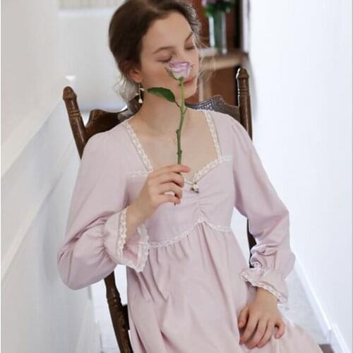 Female Autumn Long Floral Night Dress French Style Sweet Full Sleeves Nightgowns Women Soft Pure Cotton Sleepwear Pink Homewear