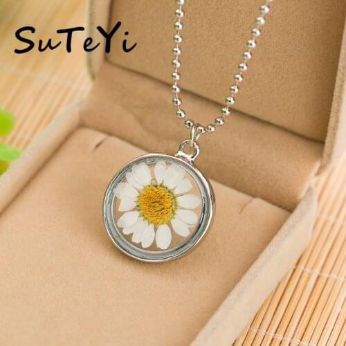 Fashion Daisy Dried Flowers Necklace Round Glass Pendant Bead Chain Necklaces For Women Jewelry Gifts