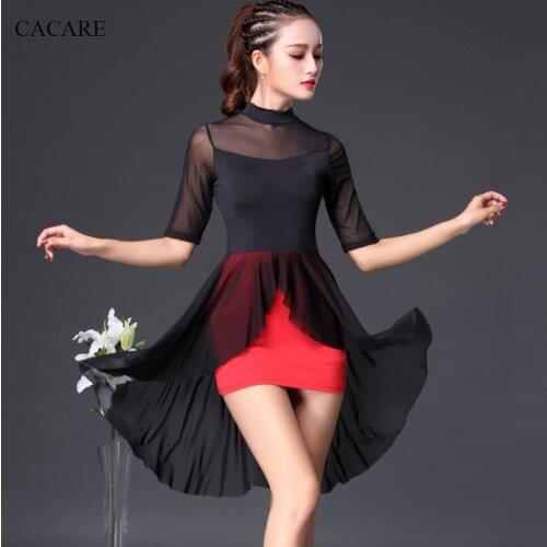 CACARE Latin Salsa Dance Dress for Women Latin Dress Fringe Latin Dance Competition Dresses D0365 Mesh Sleeve Split Ruffled Hem