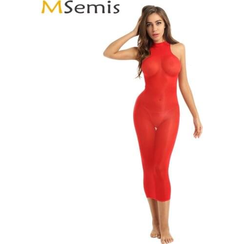 Womens Sexy Ultra-thin Silky Bodystocking Dress See Through Sheer Bodycon Robe Sleepwear Erotic Tight Midi Babydoll Night Dress