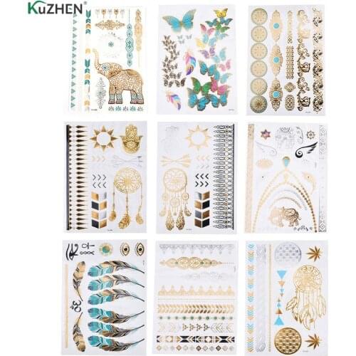 1PCS Flower Taty Design Tattoo Sticker Flash Metallic Waterproof Temporary Tattoo Gold Silver Tatoo Women Henna New