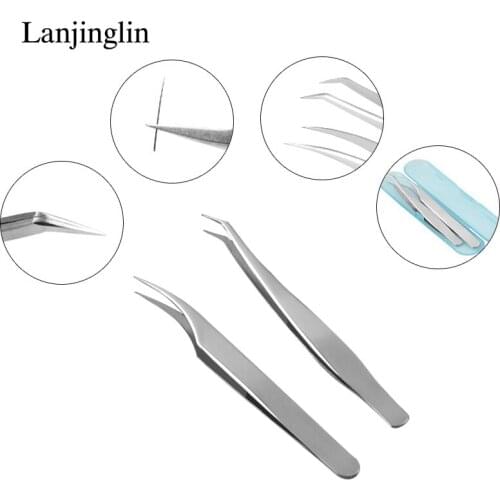 LANJINGLIN 2 pcs false eyelash tweezers eyelashes individual makeup tools Curved Straight Stainless Tweezers lash extension