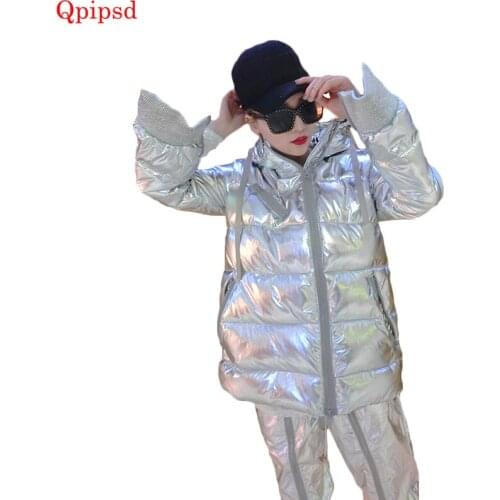 2021 Winter Warm Jacket Fashion Metal Silver Down Jackets Large Size Cotton Coat Women Winter Hooded Jackets Parka Thicken Coats