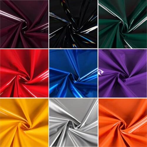 Shiny Glossy Faux Leather Fabric Stretch Knit Waterproof Mirror PU Leather Fabric,Black White Silver Blue Red,by half meter