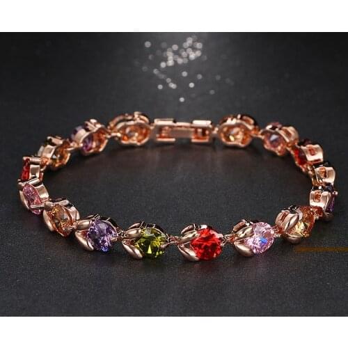 Emmaya Luxury Rose Gold Color Crystal Chain Link Bracelet AAA Zircon CZ Colorful Bracelets for Women Wedding Jewelry
