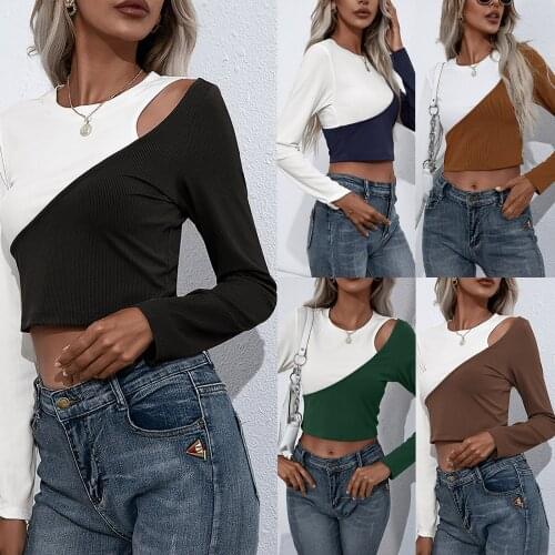 Women T-shirts Long Sleeve Contrast Color Slim Fit Female Short Style Patchwork Sexy Sun-protection Tops Spring Autumn Clothing