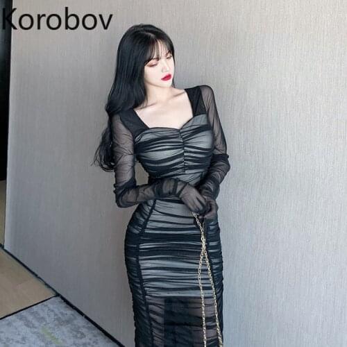 Korobov Party Night Long Sleeve Square Collar Dresses Vintage Black Mesh Sexy Long Dress Slim Bandage Vestidos 79618