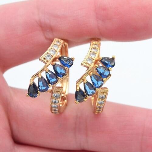 Gold Color Women Fashion Blue Cubic Zirconia CZ Flower Huggie Hoop Earrings Jewelry