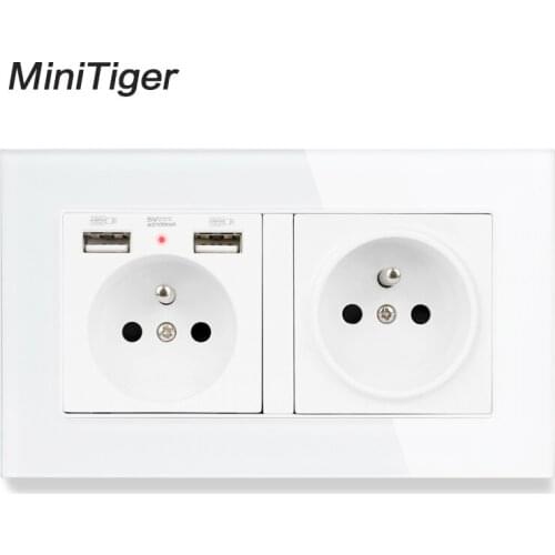 Minitiger 2 Gang French Standard Wall Socket With 2 USB Charge Port Hidden Soft LED Indicator Crystal Glass Panel
