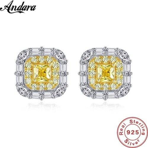 Real Pure 925 Sterling Silver Jewelry Minimalist Fashion Square Yellow Gem Stud Earrings For Women Engagement Gift
