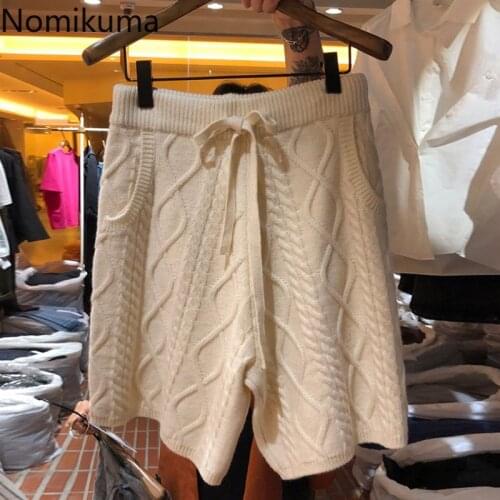 Nomikuma 2020 Autumn Winter Women Knitted Shorts Lace Up High Waist Sweater Bottoms Causal Korean Wide Leg Short Feminimos 6D346