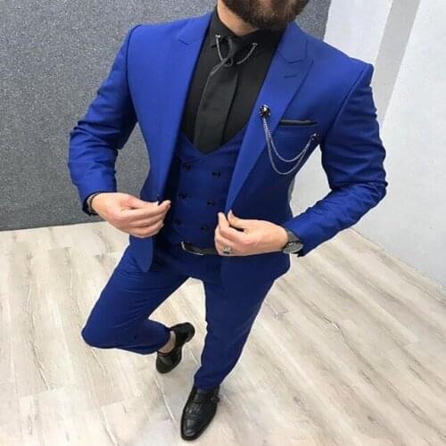 Lastest 3 Pieces Royal Blue Men Suits Peaked Lapel Custom Made Wedding Tuxedos Slim Fit Male Suits (Jacket + Pants + Vest)