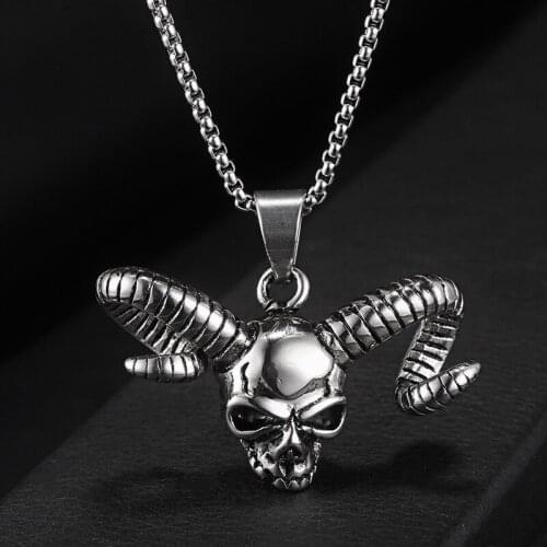 Exaggerated Horns Skull Biker Pendants Necklaces Hip Hop Women Men Vintage Choker Stainless Steel Pendant Punk Gothic Jewelry