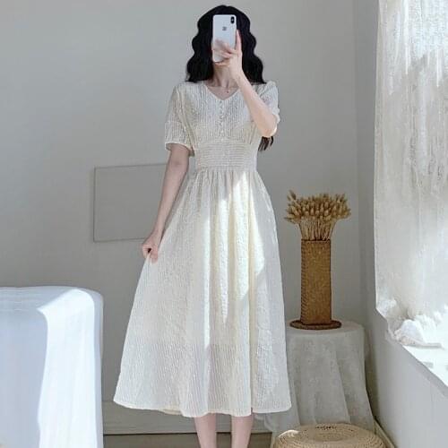 Elegant Sweet Dress Button V-neck High Waist One-piece Dress Korean Evening Party Midi Dress Female Women Dresses Summer 2021