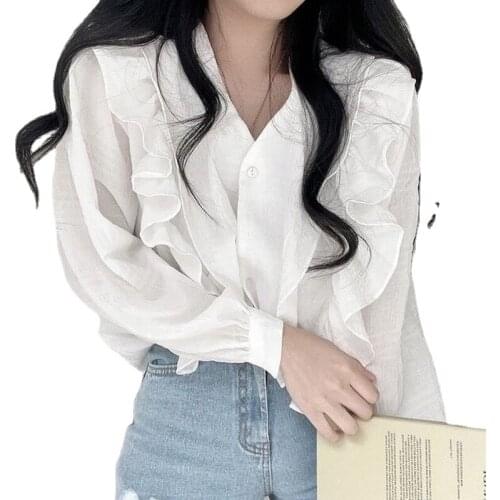 2021 New White Shirts Korean Chic Ruffled V-neck Long Sleeve Shirt Woman Loose Sunscreen Tops Blusas Fashion Women Blouses 15725