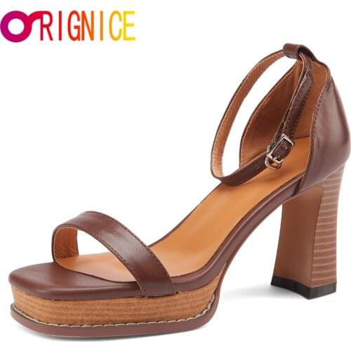 Orignice Platform Shoes Summer Square High Heels Sandals Open Toe Fashion Buckle Ankle Strap Genuine Leather Big Size 34-43
