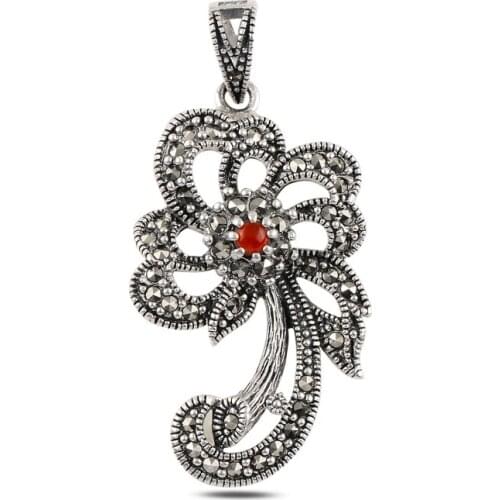 Silver 925 Sterling Red Agate & Marcasite Pendant
