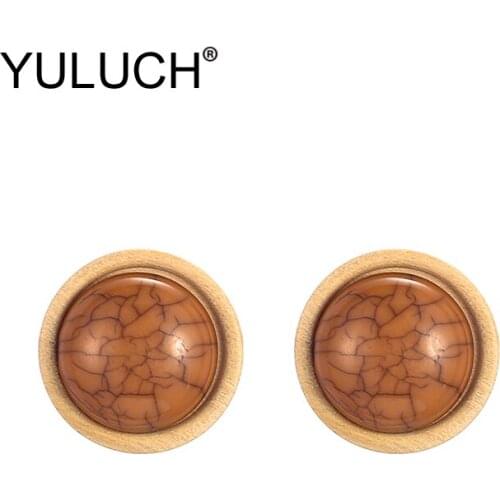 YULUCH Trendy Pop Women Round Beige Wooden Setting 11 Colors Stone Stud Earrings Pins 2019 Ethnic African Party Fashion Jewelry