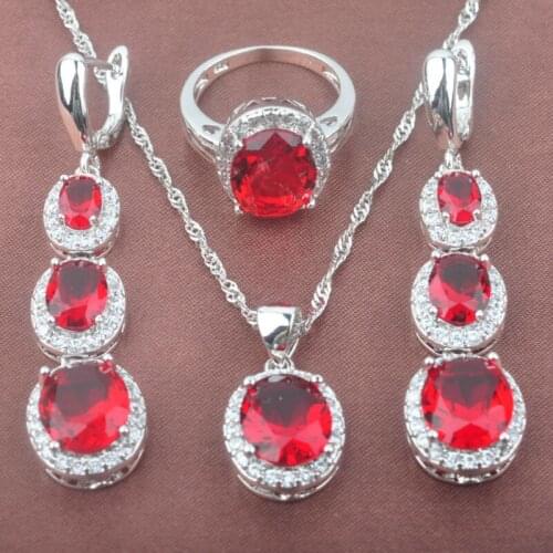 Wedding Womens Jewelry Sets Silver Color Ring Necklace And Earrings Set Elegant Red Zirconia Jewelry TZ0121