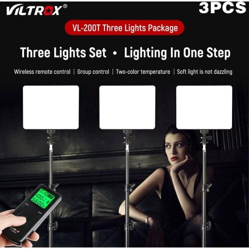 VILROX 3 pcs VL-200T Bi-color Dimmable Wireless remote LED Video Panel Light Stand for DSLR Photo studio shooting Lighting Suit