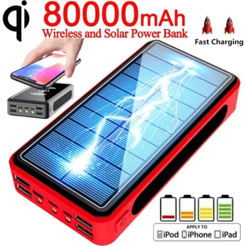80000mAh Qi Solar Powerbank Wireless Fast Charger with LED Light 4USB Port Outdoor Mobile Phone Fast Charging for Xiaomi Samsung