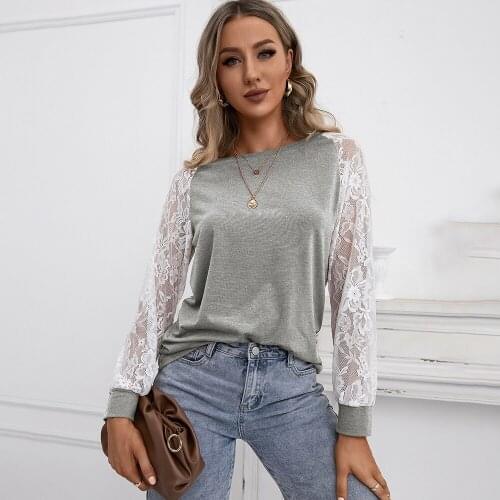 Autumn fashion Hollow Lace Splicing woman Tops loose casual O-neck Long Sleeve Solid T shirt women streetwear vetement femme2021