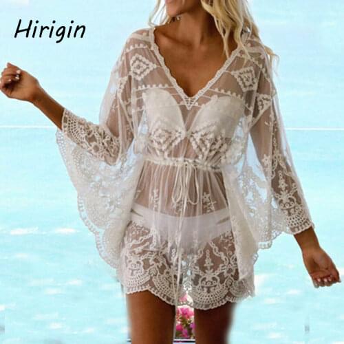 2020 Summer Women Bikini Wraps Bikini Beach Swimwear Floral Lace Mesh Sheer Cover Up Top Dress Perspective mesh Robe